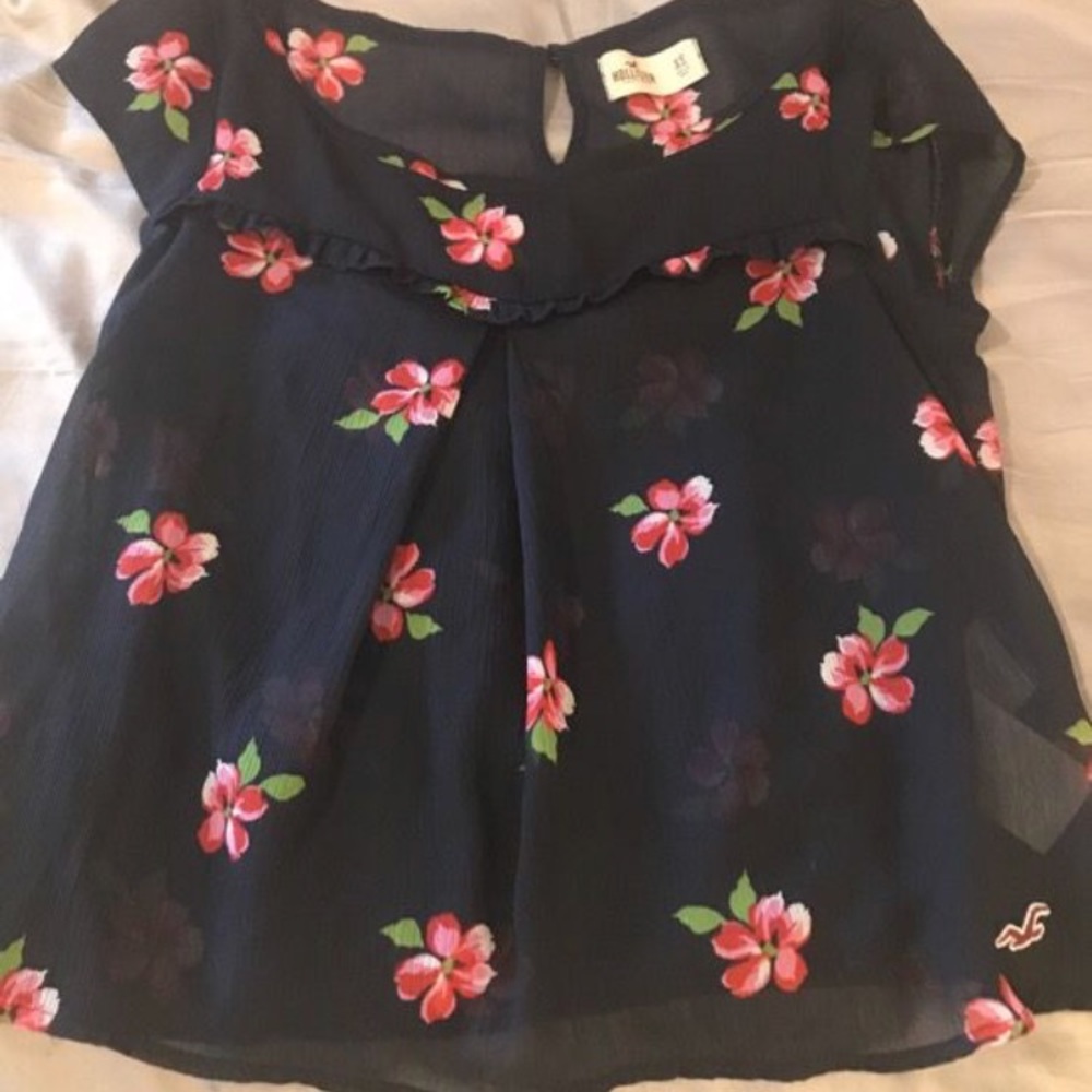 Hollister Navy Floral Print Sheer Shirt